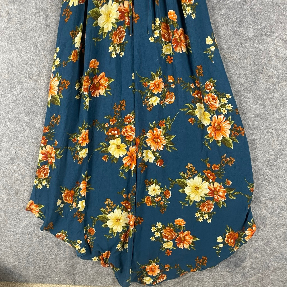 By & By NWT Women’s Floral High-Low Maxi Dress Teal Cold Shoulder Boho Ruffle XS - Picture 8 of 12